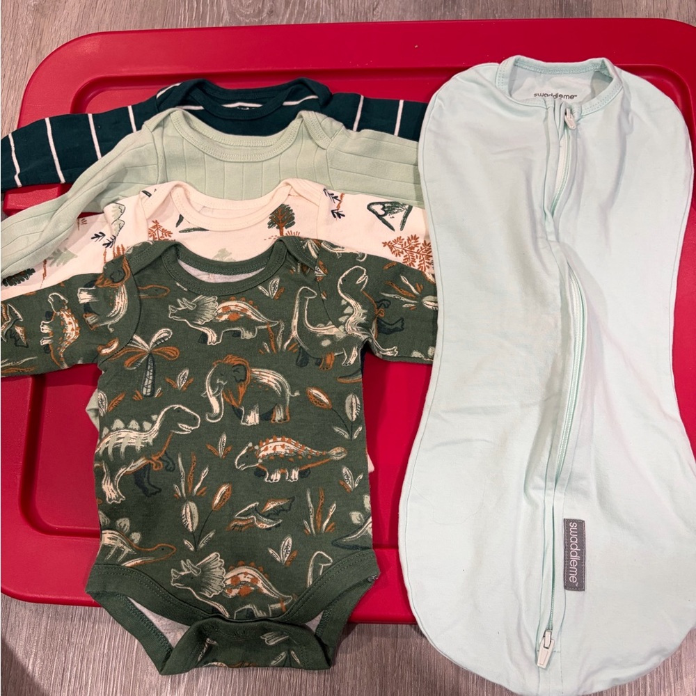 SwaddleMe Mint Sleep Sack with Green Dinosaur and Striped One-Pieces